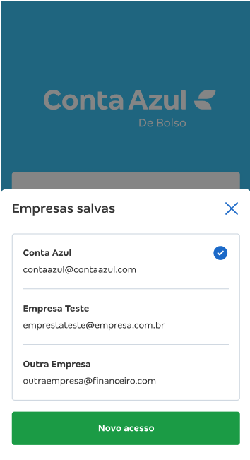 Tela do Conta Azul de Bolso com destaque para as Empresas salvas.
