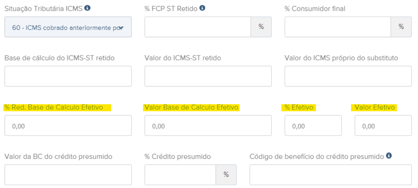Rascunho da NFe com destaque para %Red. base de Cálculo Efetivo, Valor Base de Cálculo Efetivo, %Efetivo e Valor efetivo
