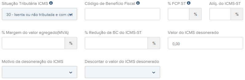 Tela do rascunho da NFe com destaque para o campo CST 30.