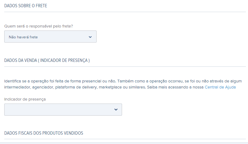 Tela de Dados sobre o frete na NFe.