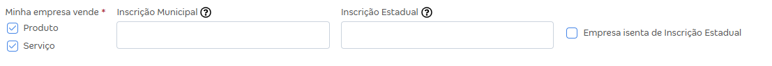 Tela para selecionar o que sua empresa comercializa e informar a Inscrição Estadual e a Inscrição Municipal.