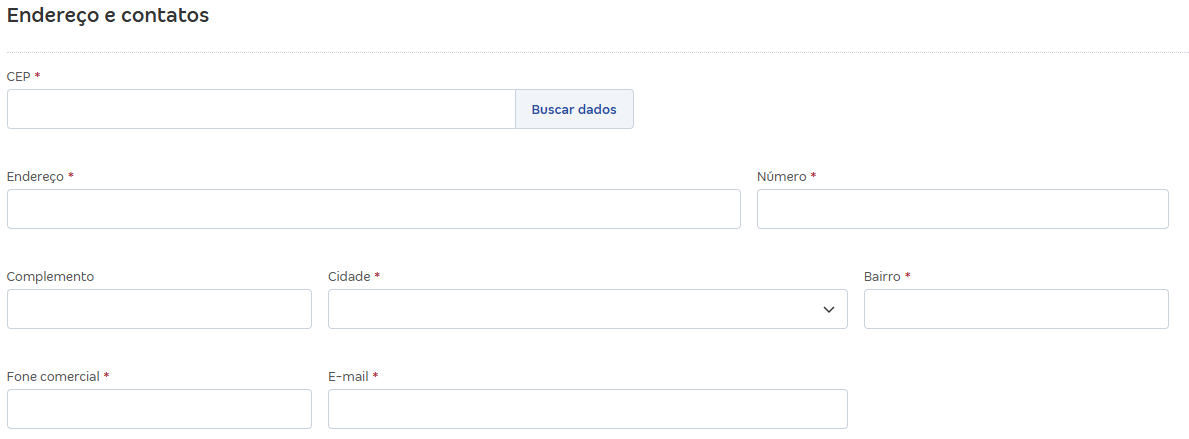 Tela para Endereço e contatos da sua empresa.
