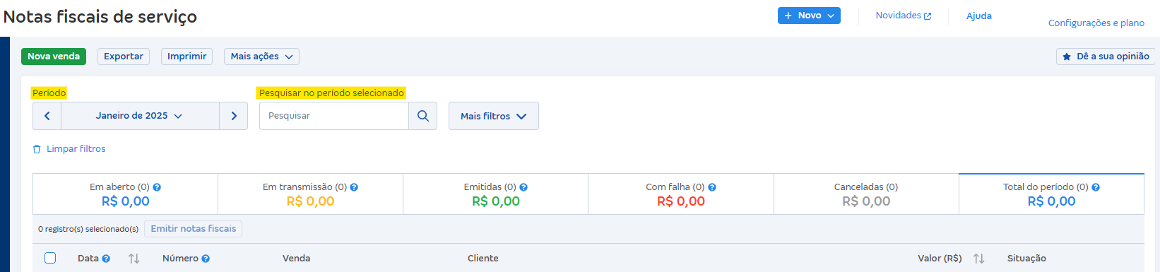 Tela de filtros por período e campo de busca aberto para notas fiscais..png