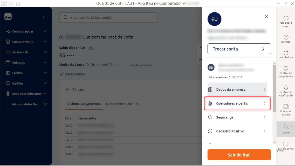 Tela Operadores e perfis: