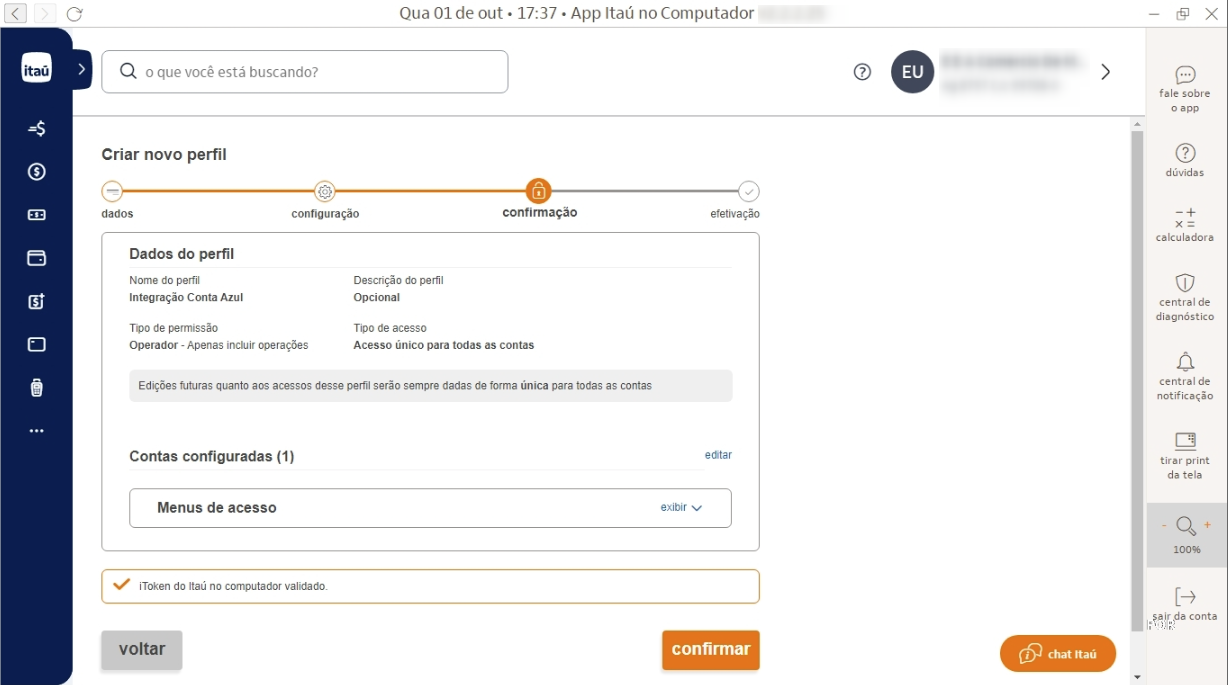 Tela de validação do token e botão de confirmar