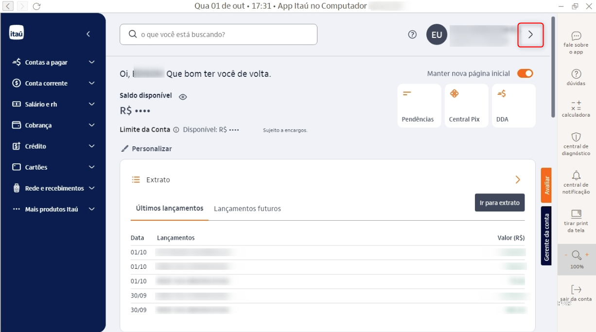 Tela com a flecha ao lado das informações da conta