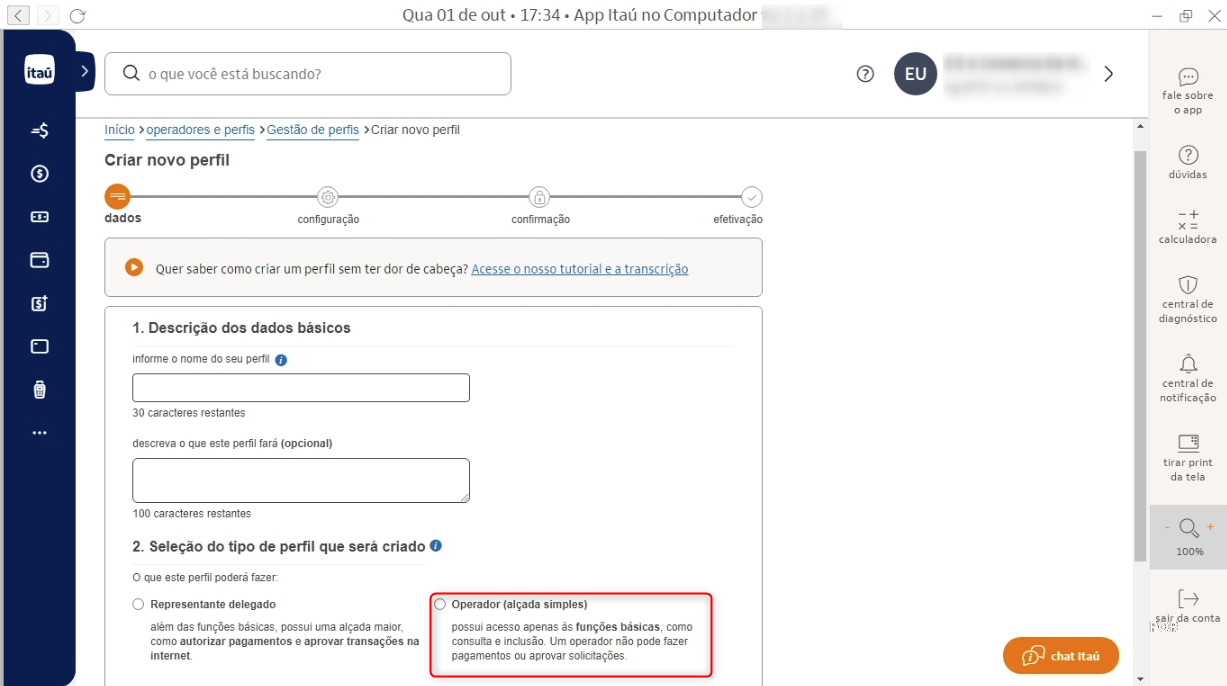 Tela com a opção Operador