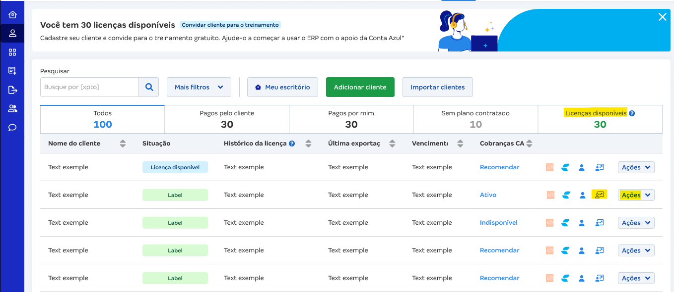 Tela de licenças disponíveis com o botão Cadastrar e convidar para treinamento destacado