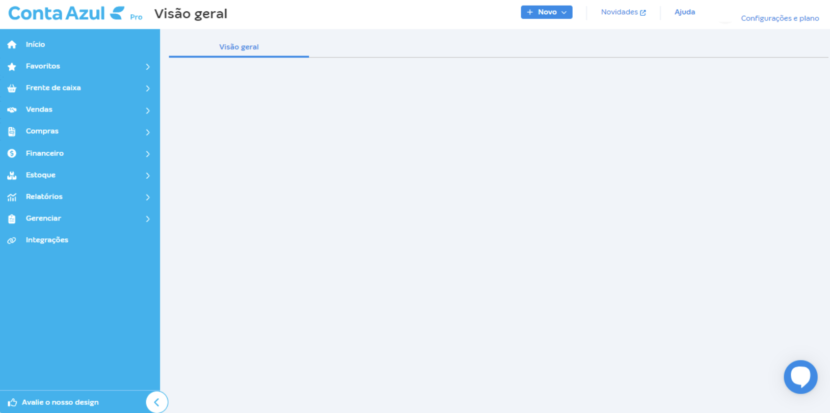Tela da Visão geral sem os relatórios financeiros e de vendas.