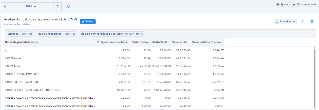 Tela de Análise do custo da mercadoria vendida (CMV) em Relatórios de vendas.