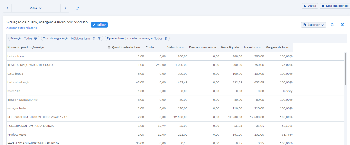 Tela de Situação de custo, margem e lucro por produto em Relatórios de vendas.