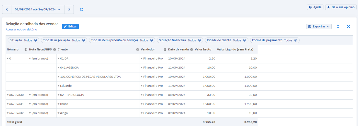 Tela de Relação detalhada das vendas em Relatórios de vendas.