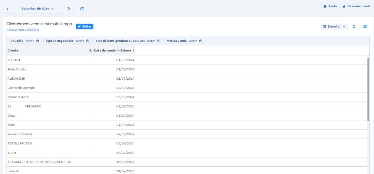 Tela de Clientes sem vendas há mais tempo em Relatórios de vendas.