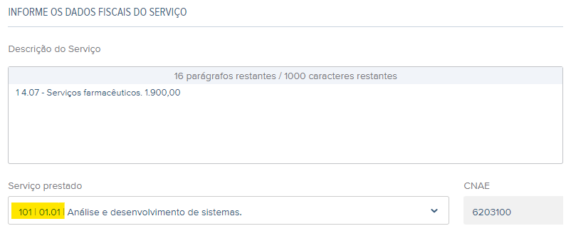 Tela de rascunho de NFS-e com destaque para o campo Serviço prestado.