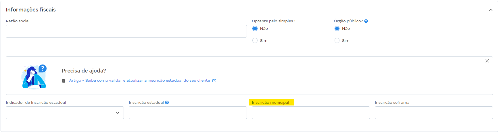 Tela de cadastro do cliente com destaque para o campo inscrição municipal.