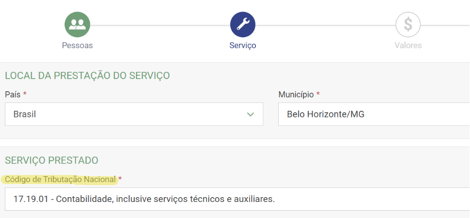 Tela com o campo Código de Tributação Nacional