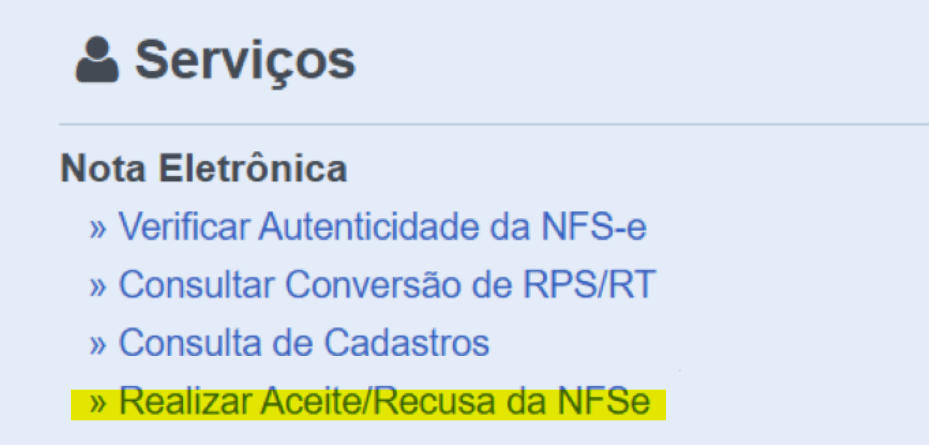 Tela com o menu de Realizar Aceite/Recusa da NFSe