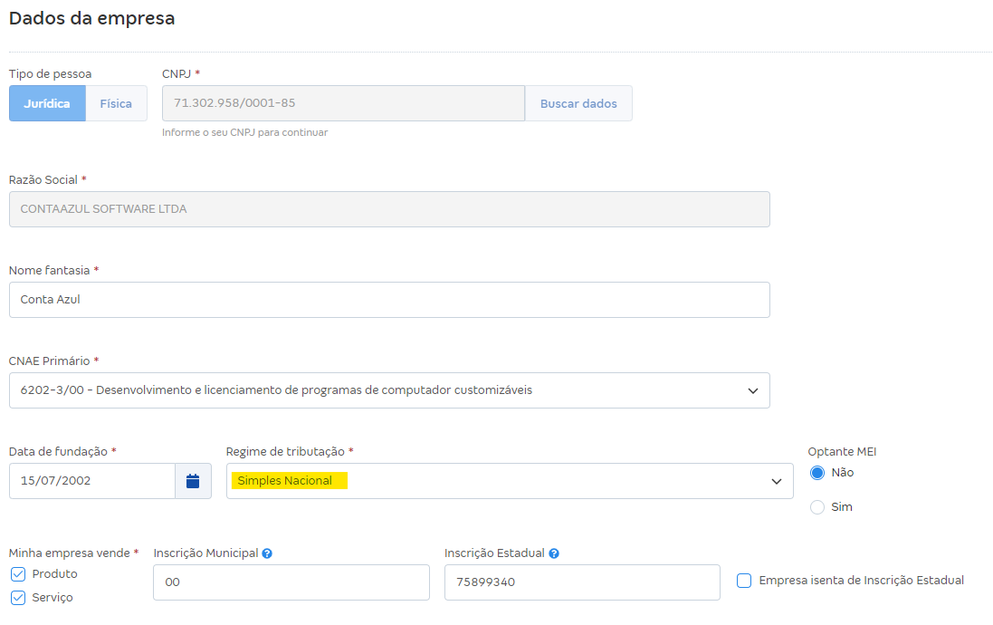 Tela de Dados da empresa com destaque para o campo Regime de tributação.