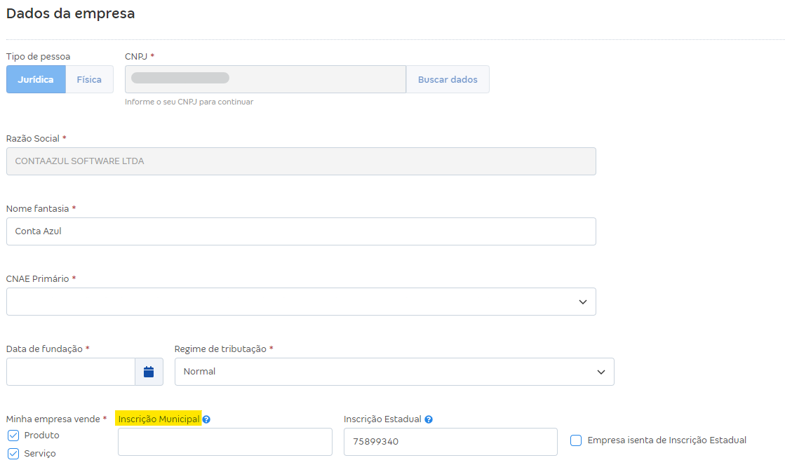 Tela de Dados da empresa com destaque para o campo Inscrição Municipal.