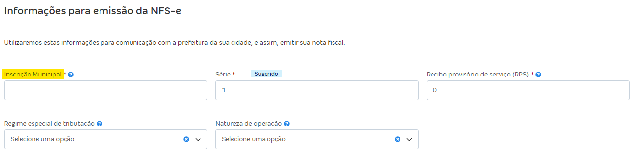 Tela de configurações da NFS-e com destaque para o campo Inscrição Municipal.