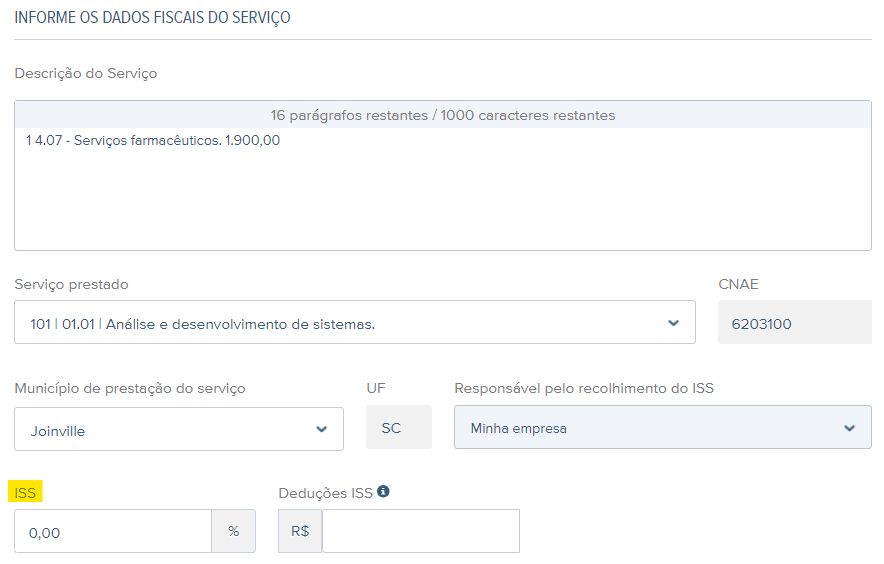 Tela com destaque para o campo ISS no rascunho da NFS-e.
