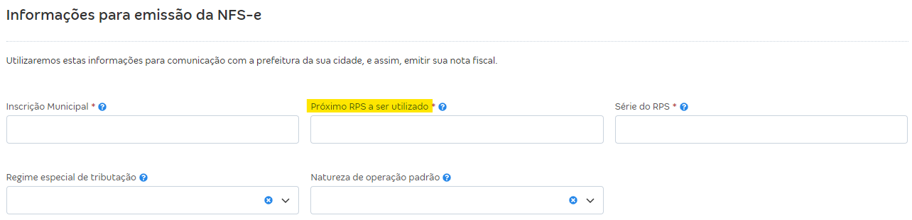 Tela de Configurar notas fiscais e preenchimento de Próximo RPS a ser utilizado.