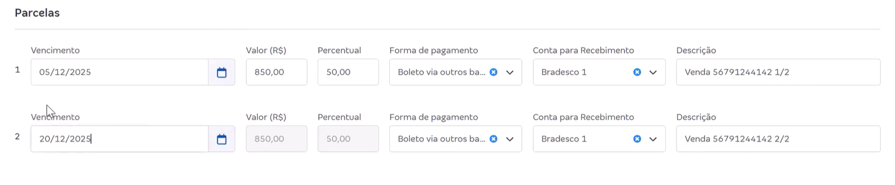 Tela com o campo Parcelamento para inclusão do décimo 
