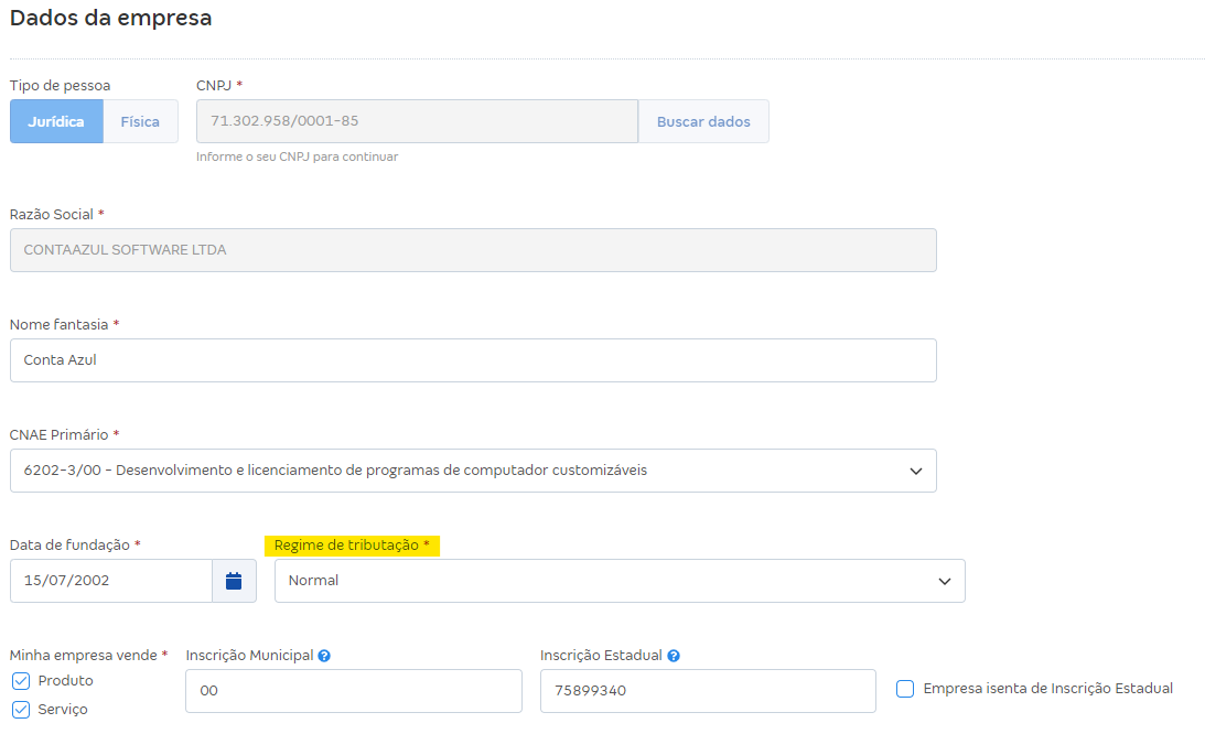 Tela de Dados da empresa com destaque para o campo Regime de tributação.