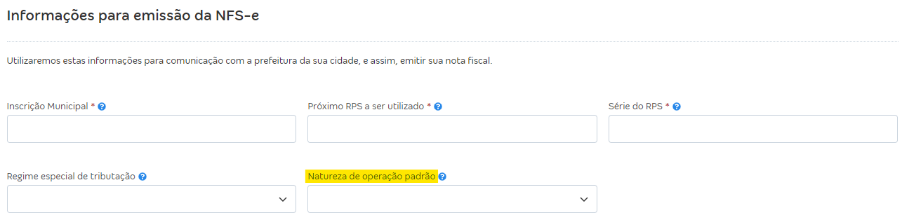 Tela de configuração de NFS-e com destaque para o campo Natureza de operação padrão.
