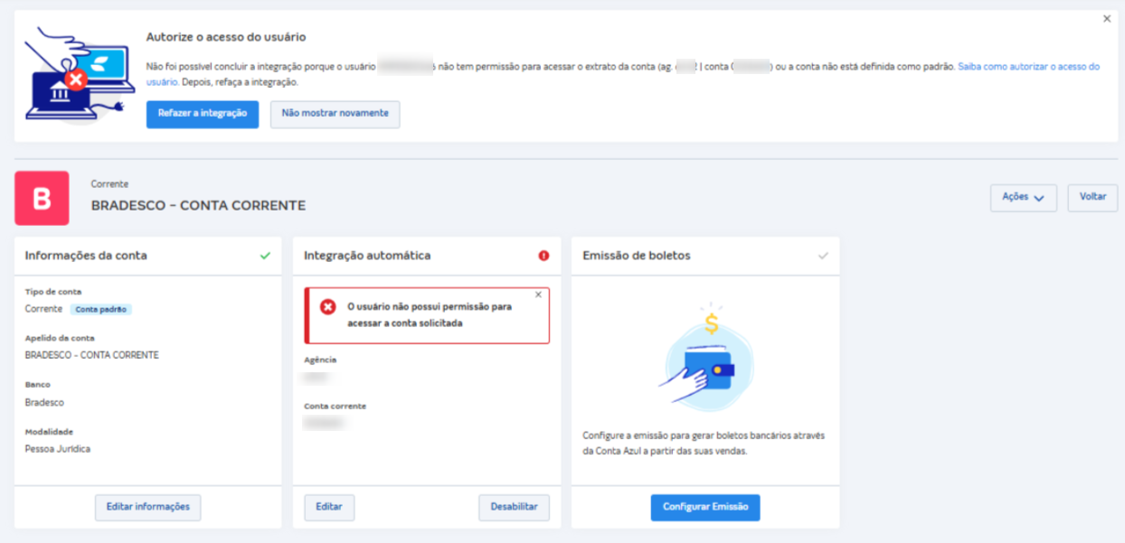 tela com o erro O usuário não possui permissão para acessar a conta solicitante