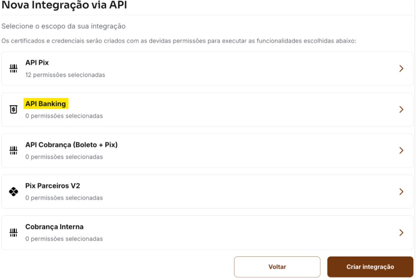 Opção API Banking para editar integrações