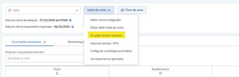 Tela com a opção de atualizar extrato bancário