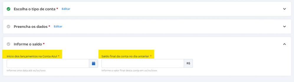Início dos lançamentos na Conta Azul e Saldo final no dia anterior.png