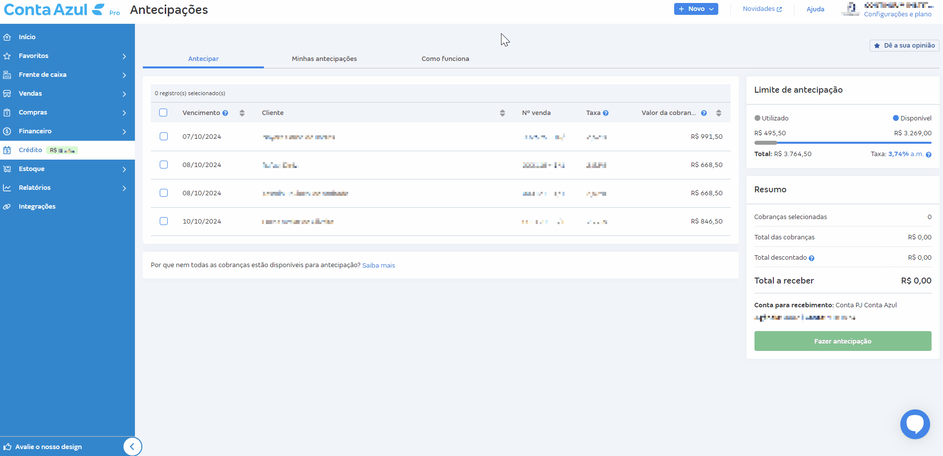 Passo a passo para consultar as antecipações de recebíveis da Conta PJ da Conta Azul.