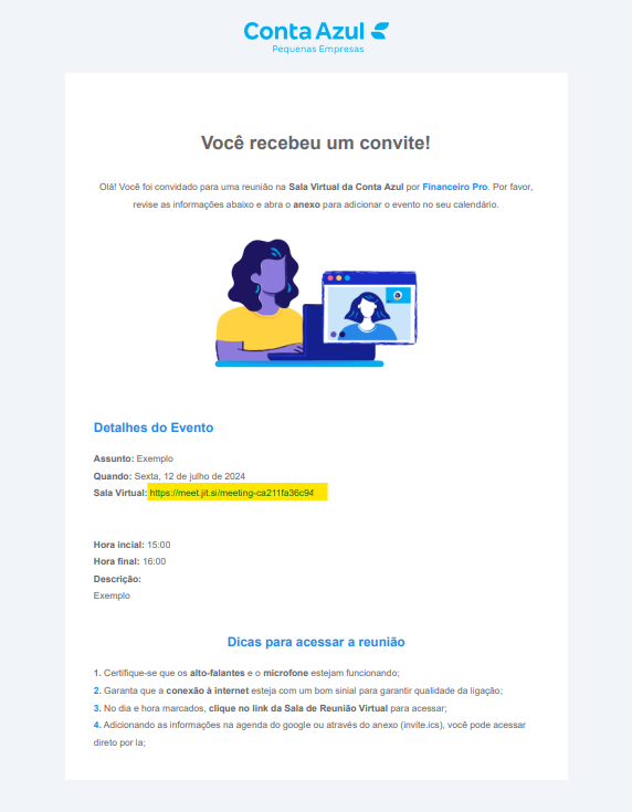 Tela do e-mail com o link de participação da reunião virtual.