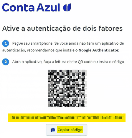 Tela de login da Conta Azul Mais com destaque para o botão Copiar código.