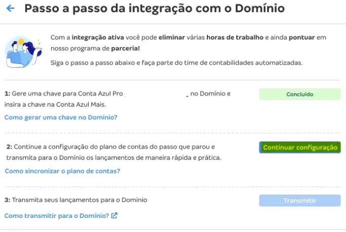 Tela de integração com Domínio com destaque para o botão Continuar configuração.