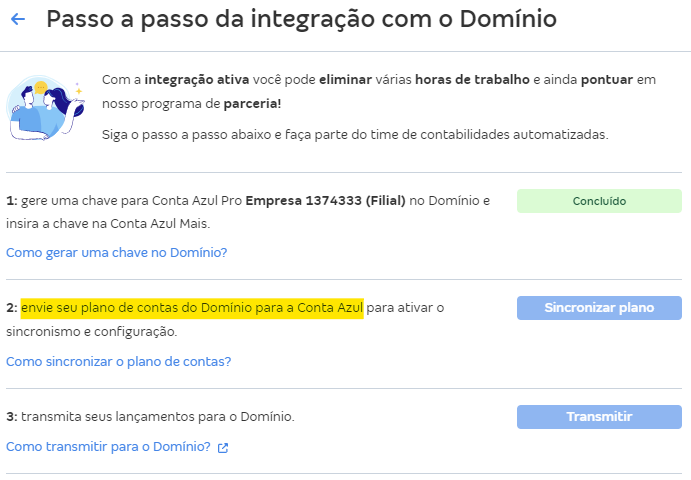 Tela de integração com Domínio com destaque para a mensagem de envio de plano de contas.