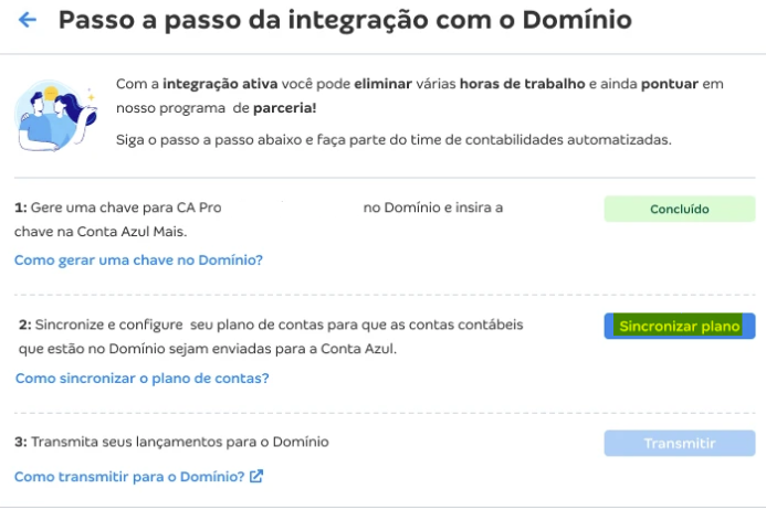 Tela de integração com Domínio com destaque para o botão Sincronizar plano.