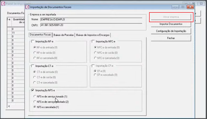 Tela de Importação de Documentos Fiscais do Domínio com destaque para o botão Ativar empresa.