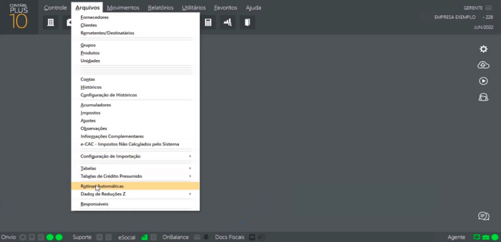 Tela do Domínio com destaque para os botões Arquivos e Rotinas automáticas.