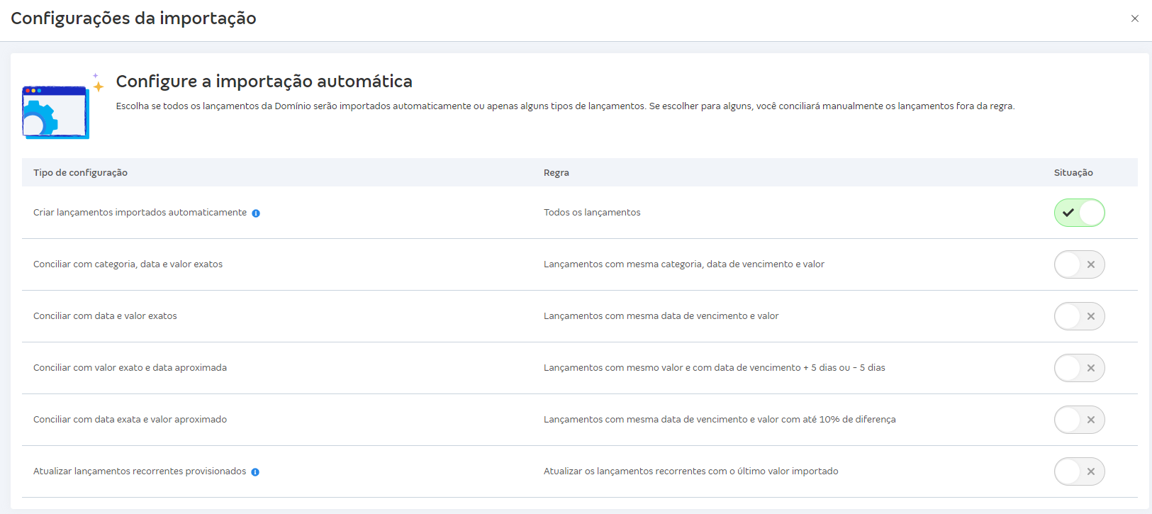 Tela da aba Configurações em Importação do Domínio na Conta Azul Mais.