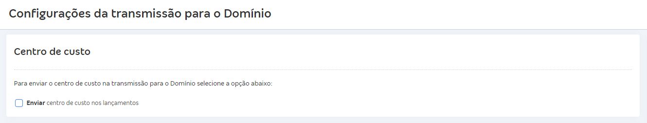 Tela de integração com Domínio com destaque para o botão Enviar centro de custo nos lançamentos.
