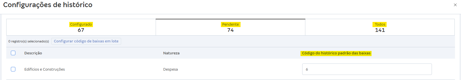 Tela de Configurações de histórico com destaque para as abas Configurado, Pendente ou Todos.
