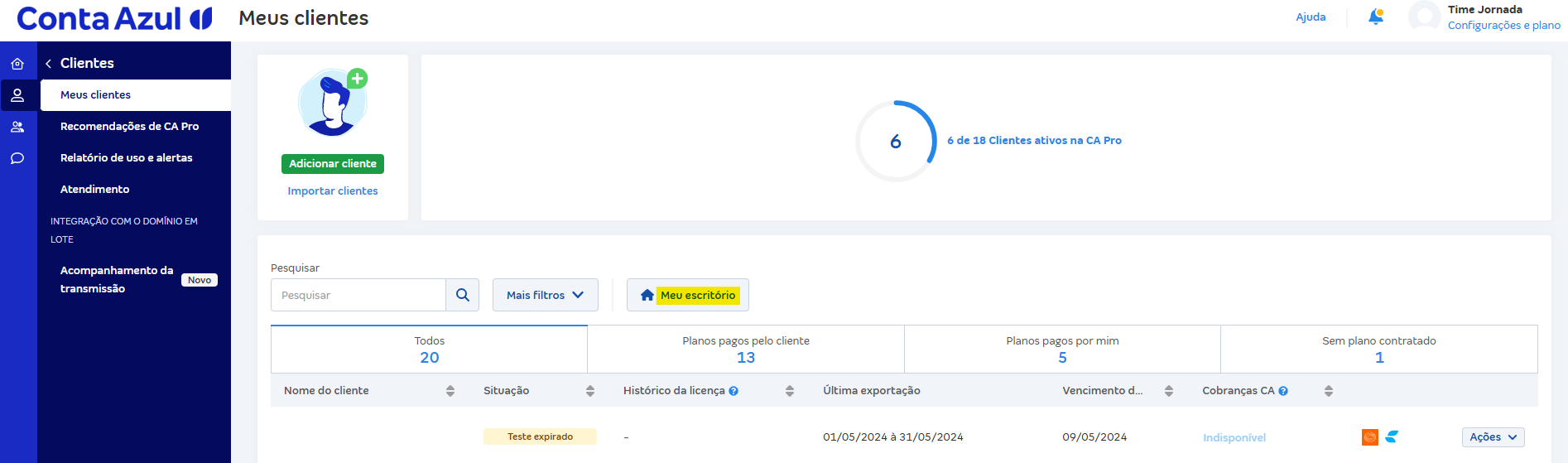 Tela de Meus clientes com destaque para o campo Meu escritório.
