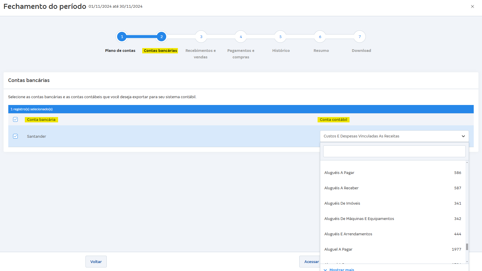 Tela de fechamento do período com destaque para os campos Conta bancária e Conta contábil.