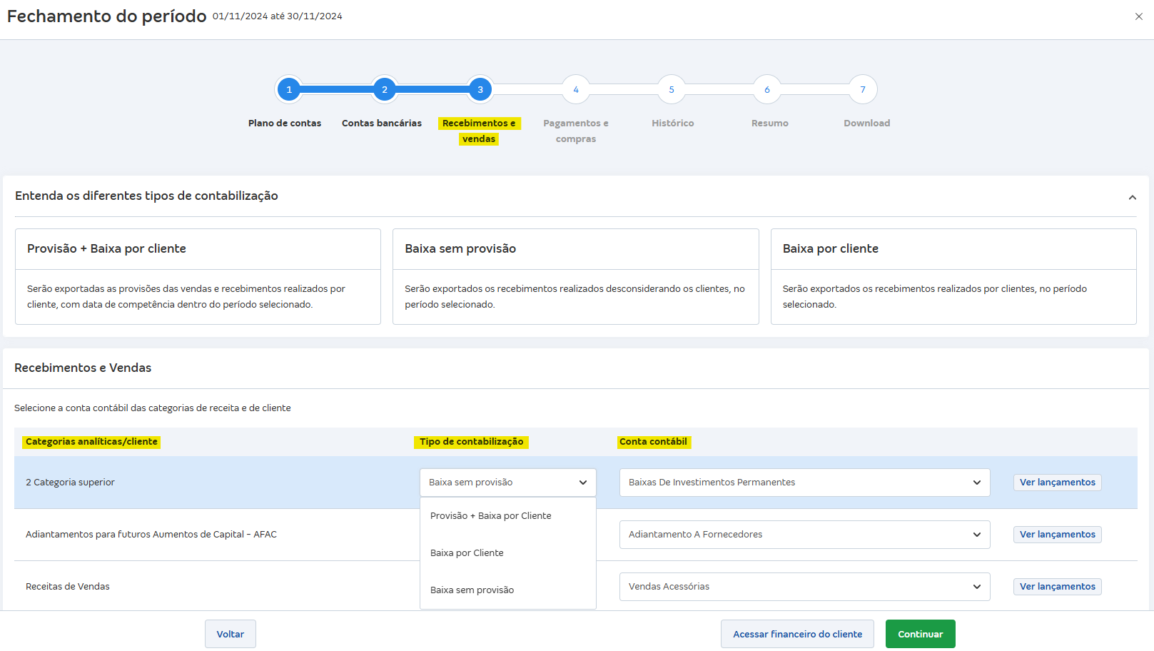 Tela de fechamento do período com os campos categorias analíticas/cliente, tipo de contabilização e conta contábil.