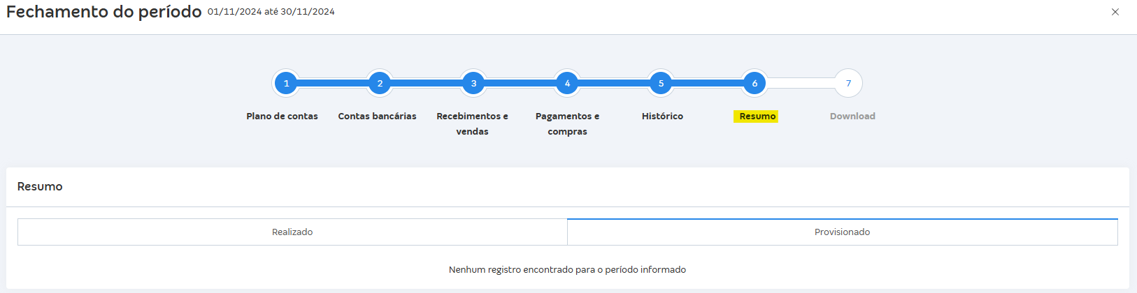Tela de fechamento do período com destaque para a aba Resumo.