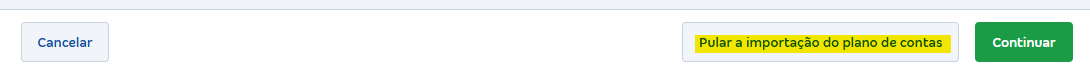 Tela de fechamento do período com destaque para o botão Pular a importação do plano de contas.