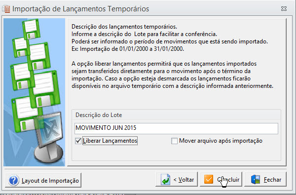 Tela do Alterdata com destaque para os campos Descrição do Lote, Liberar Lançamentos e Concluir.